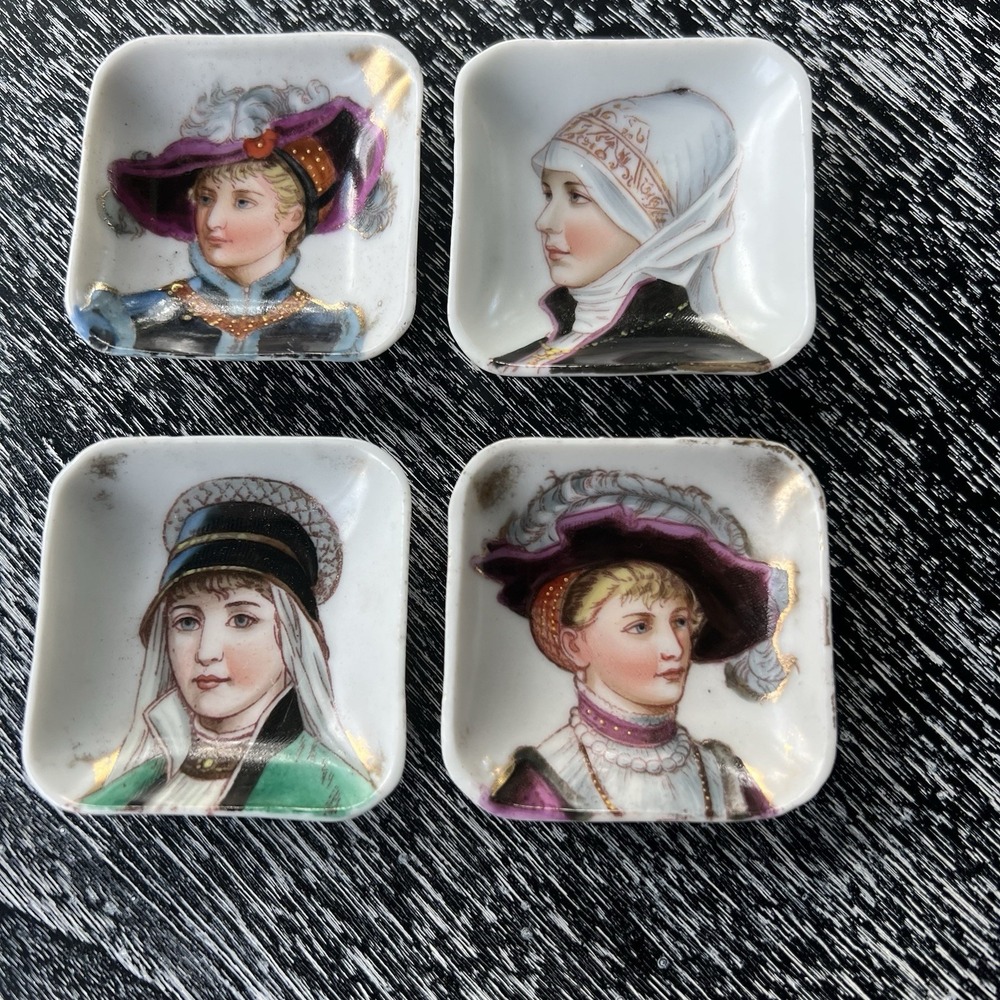 Lot Of 4 Antique Victorian Butter Pats-Hand‎ Painted Portrait Lady Ladies 1900's